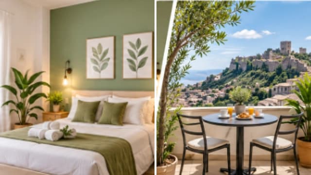 Mokarta Green Apartment camera da letto e terrazza con panorama di Erice